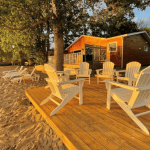 Beach patio on Lake Nipissing at the Finch Beach Resort - North Bay cottages - Tourism North Bay