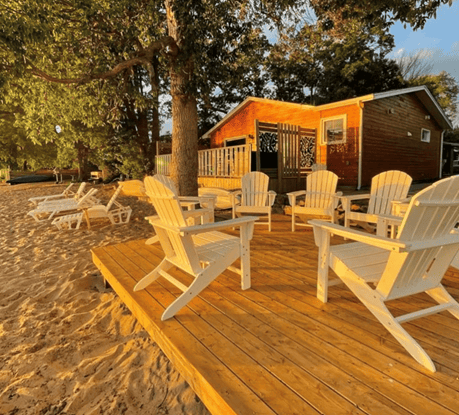 Beach patio on Lake Nipissing at the Finch Beach Resort - North Bay cottages - Tourism North Bay
